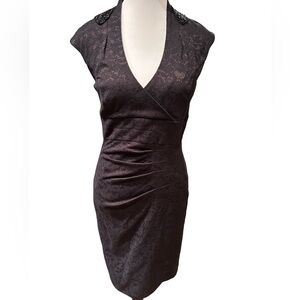Le Château Elegant Black Jacquard Cocktail Dress Beaded Shoulders Size 6